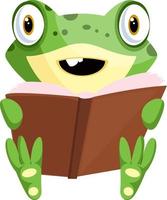 Smiling cartoon baby frog reading a book, illustration, vector on white background.
