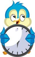 Blue bird holds a clock, illustration, vector on white background.