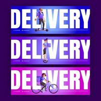carteles de entrega con mensajeros en bicicleta y skate vector