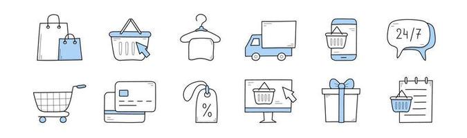 Ecommerce, retail and shopping doodle icons set vector