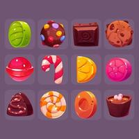 Square buttons with chocolate and fruit candies vector