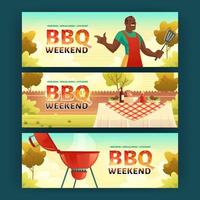 BBQ weekend cartoon banners with man cook on grill vector