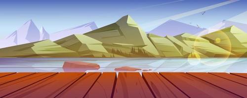 Mountain nature landscape with pond or lake, pier vector