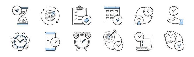 Time management doodle icons with clock and gear vector