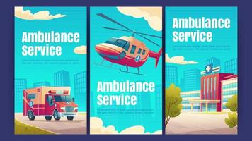 Ambulance service with hospital, van, helicopter vector