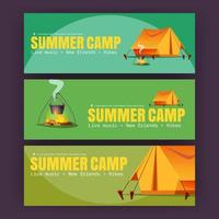 carteles de campamento de verano con carpa, hoguera y jugador de bolos vector