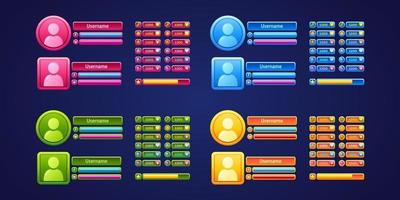 Game user menu panels, rpg gamer profiles set vector