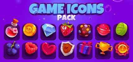 Game icons pack with potion, gold cup, heart vector