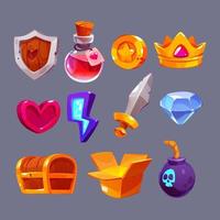 Cartoon game icons knight shield, witch potion vector