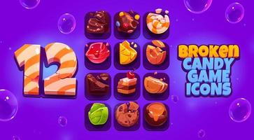 Broken candy game icons, cartoon crushed sweets vector