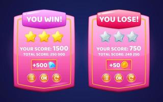 Game ui interface pink boards with win and lose vector