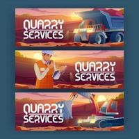 Quarry services banners with engineer and machines vector