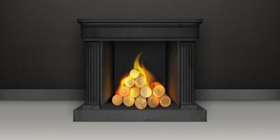 , classic fire place with flaming logs, home decor vector