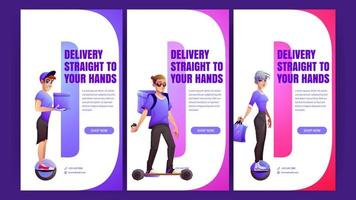 Delivery posters with people on electric transport vector