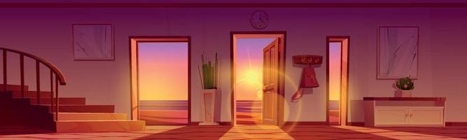 Home hallway with view to sea beach at sunset vector