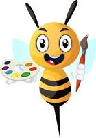 Bee holding paintbrush and palette, illustration, vector on white background.