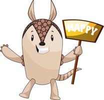 Armadillo with happy sign, illustration, vector on white background.