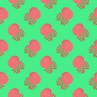 Red octopus , seamless pattern on a green background. vector