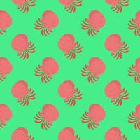 Red octopus , seamless pattern on a green background. vector