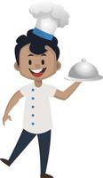 Boy is serving a meal, illustration, vector on white background.