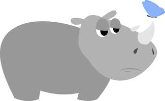 Rhino with butterfly, illustration, vector on white background.