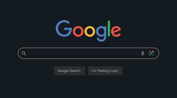 página de búsqueda de google, página de búsqueda de google sobre fondo oscuro con tipos de voz e iconos de lentes y texto inferior vector