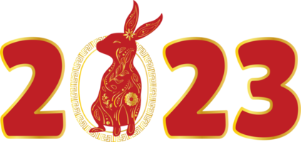 ano novo chinês 2023 numérico. coelho vermelho do zodíaco com ornamento floral e círculo de gradiente dourado png