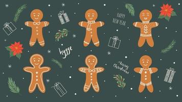 Set of different gingerbread men for New Year with design elements for postcards. Vector