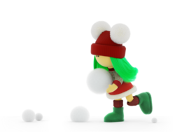 söt trasa poppet med grön hår i en stickat jul Tröja spelar med snöbollar png