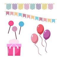 Birthday party decorations. Cartoon holiday elements set. Flags or light  garlands. Carnival masks and presents. Crackers with confetti. Bunch of  balloons 13761245 Vector Art at Vecteezy