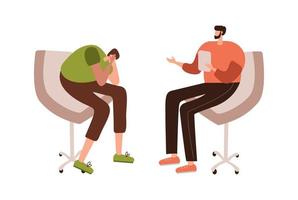 Depressed man, teenager at the doctor office. Psychology consultation. Doctor people sitting opposite patient. Vector illustration. Trendy flat style