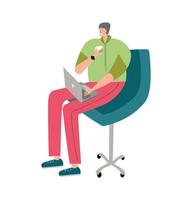 Person works online, sitting in chair with notebook and drink coffee at home. Freelance worker at laptop computer in armchair. Man student uses device. Flat people vector illustration isolated