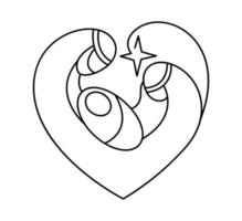 Christmas Vector Christian icon religious Nativity Scene of baby Jesus with Mary Joseph and star in form of heart. Continuous art line drawing, print for clothes and logo design, emblem one line