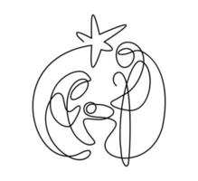 Christmas Vector Christian icon religious Nativity Scene of baby Jesus with Mary Joseph and star. Continuous art line drawing, print for clothes and logo design, emblem one single line, isolated