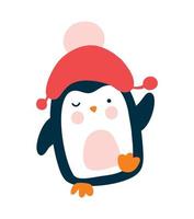 Cute Christmas baby vector penguin in knitted red hat in cartoon style. Isolated on white background flat illustration. Picture drawn with color