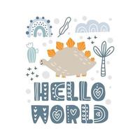 Baby boy dinosaur composition and Hello world text. Vector dino illustration in flat style with cactus, palm and rainbow for designing dinosaur party, children holiday