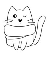 lindo bebé navidad dibujos animados vector invierno gato en bufanda. líneas en blanco y negro. doodle estilo escandinavo para año nuevo. recurso gráfico para contenido gráfico, pegatina de banner