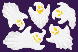 Set of ghost characters. A creepy white spirit flies with a scary and sweet face. Cartoon and flat style. Vector illustration isolated on white background.