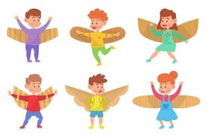 conjunto de niños lindos. divertido disfraz de niño y niña con alas de avión de cartón y papel. personajes en varias poses y ropa. colorido estilo de dibujos animados planos simples. ilustración vectorial aislada. vector