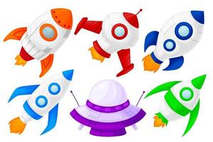 Set of colorful launching space rockets, different shapes and colors. Cartoon and flat style. Vector illustration isolated on white background.