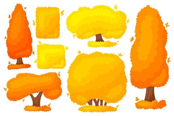 Set of colorful autumn yellow-orange tree bush. Beautiful design elements of a garden, park, nature, forest, landscape. Cartoon flat silhouette. Vector illustration isolated on a white background.
