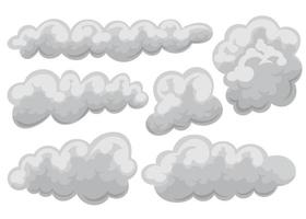 conjunto de icono nublado y nubes en dibujos animados y estilo plano. objeto aislado sobre fondo blanco en diferentes formas. ilustración vectorial vector