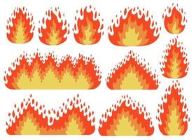 Set of fire flame icon in cartoon and flat style. Isolated object in different forms. Vector illustration.