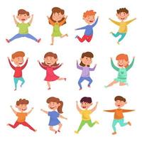 Set of happy cheerful cute kids joyfully jumping and dancing funny. Girls and boys in various poses and clothes. Colorful simple flat cartoon style. Isolated vector illustration.