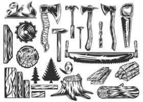 Vector set of vintage modern monochrome design elements of carpentry tools. Axes, saws, trees, hammer, nail. Isolated on white background.