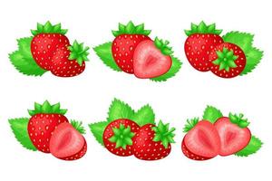Set of ripe juicy strawberries. Whole berry fruits and slices of different shapes. Green leaves. Colorful simple flat cartoon style. Isolated vector illustration.