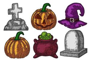 Halloween set. Scary pumpkin, cauldron and witch hat, gravestone. Isolated on white background. Design element for banner, menu, poster, web. vector