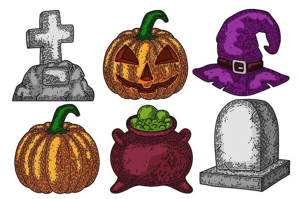 Halloween set. Scary pumpkin, cauldron and witch hat, gravestone. Isolated on white background. Design element for banner, menu, poster, web.