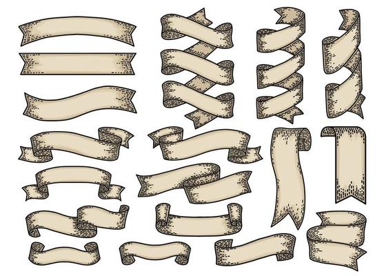 Set of ribbons isolated on white background. Old vintage style hand drawing engraved. Design element for banner, menu, poster, web.
