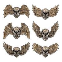 Vintage Set of winged skulls isolated retro vector illustration on a white background. Great design for any purposes.